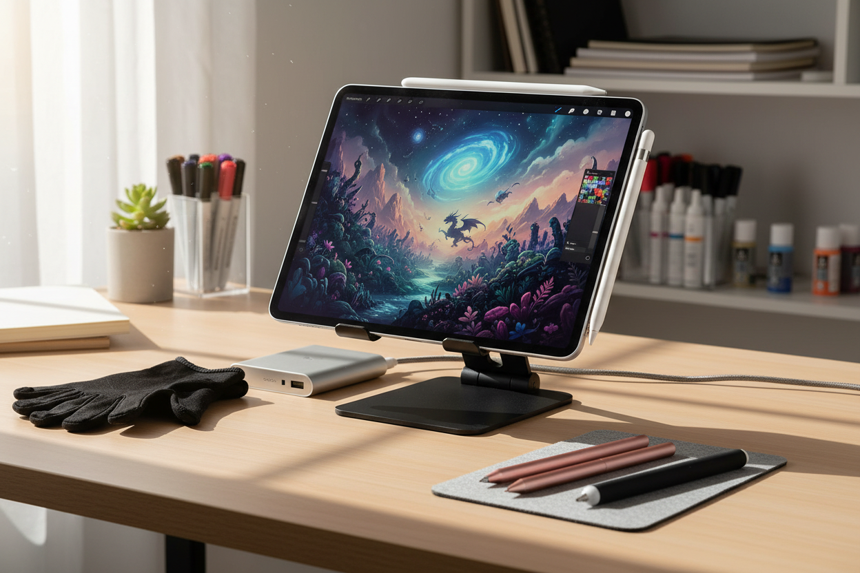 Creative workspace showcasing iPad accessories for artists including stylus, stand, and drawing glove for digital art