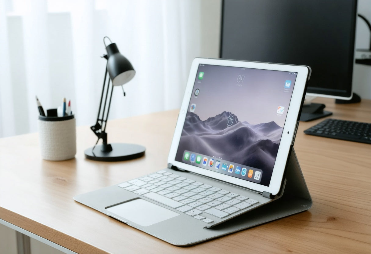 iPad met 360 graden roterend iPad toetsenbord op modern bureau – ontdek slimme werkoplossingen